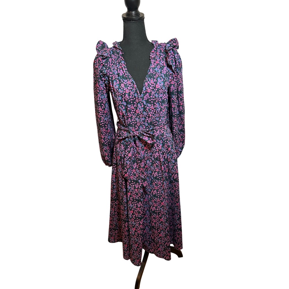 Xirena XS Paisley Floral Ruffle V-Neck Midi Dress Pink Purple Blue Cotton Pocket